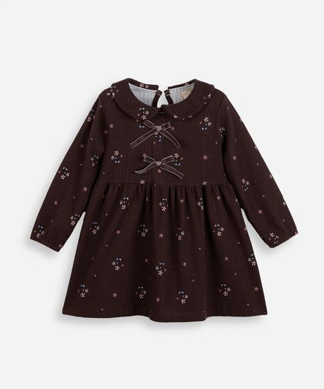 vestido infantil de malha manga longa floral marrom