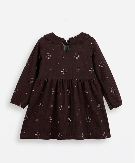 vestido infantil de malha manga longa floral marrom