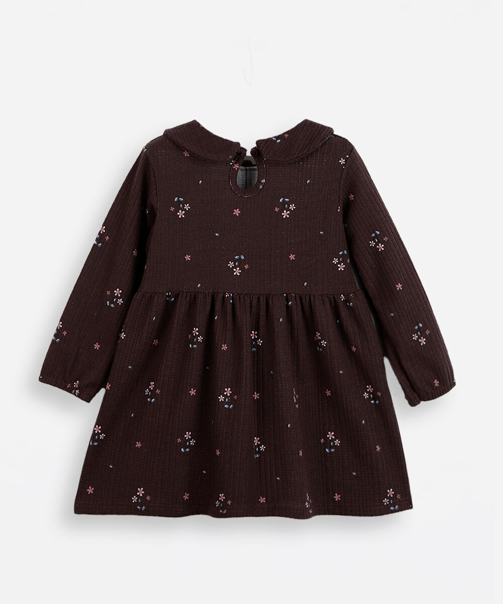 vestido infantil de malha manga longa floral marrom
