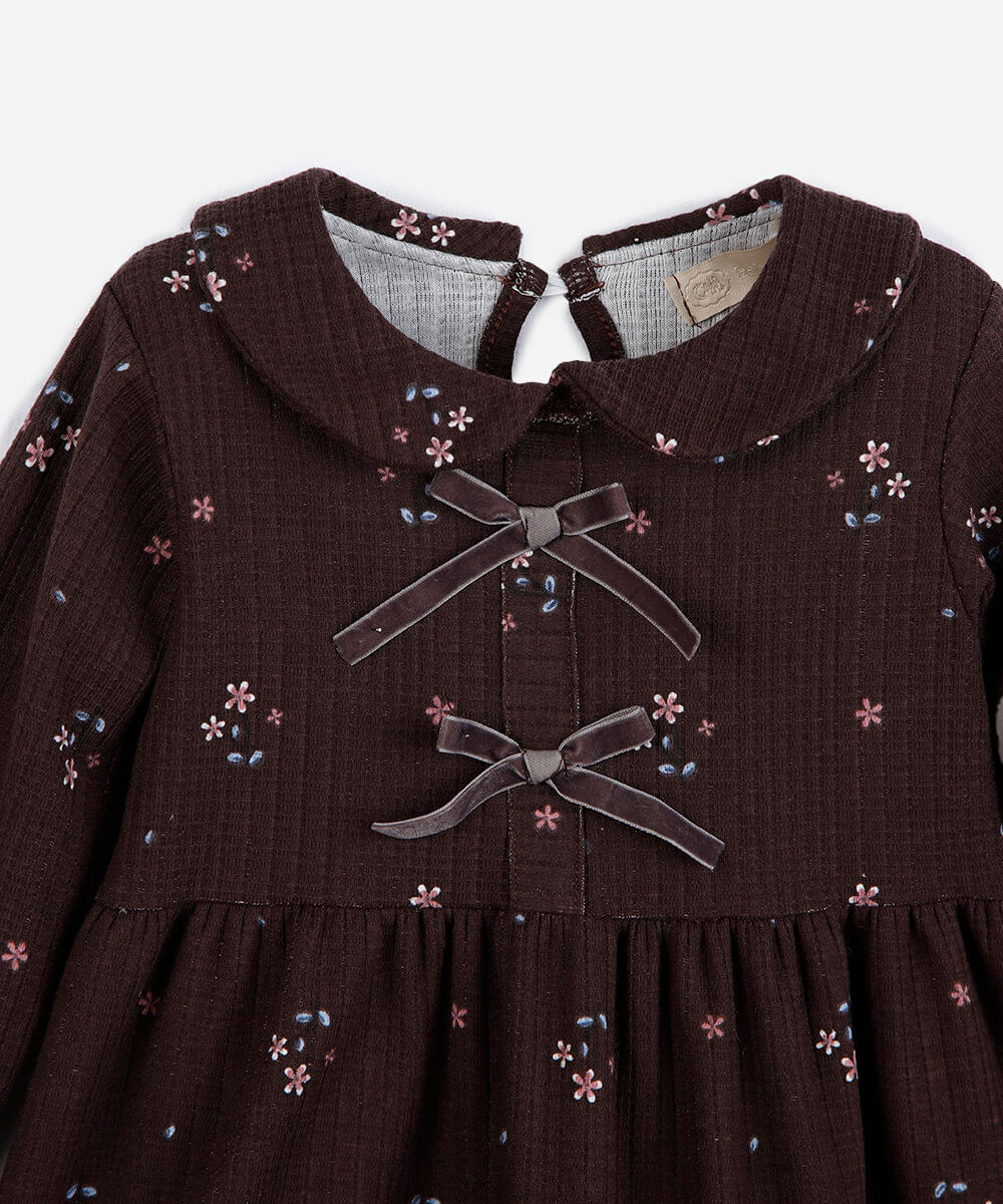 vestido infantil de malha manga longa floral marrom