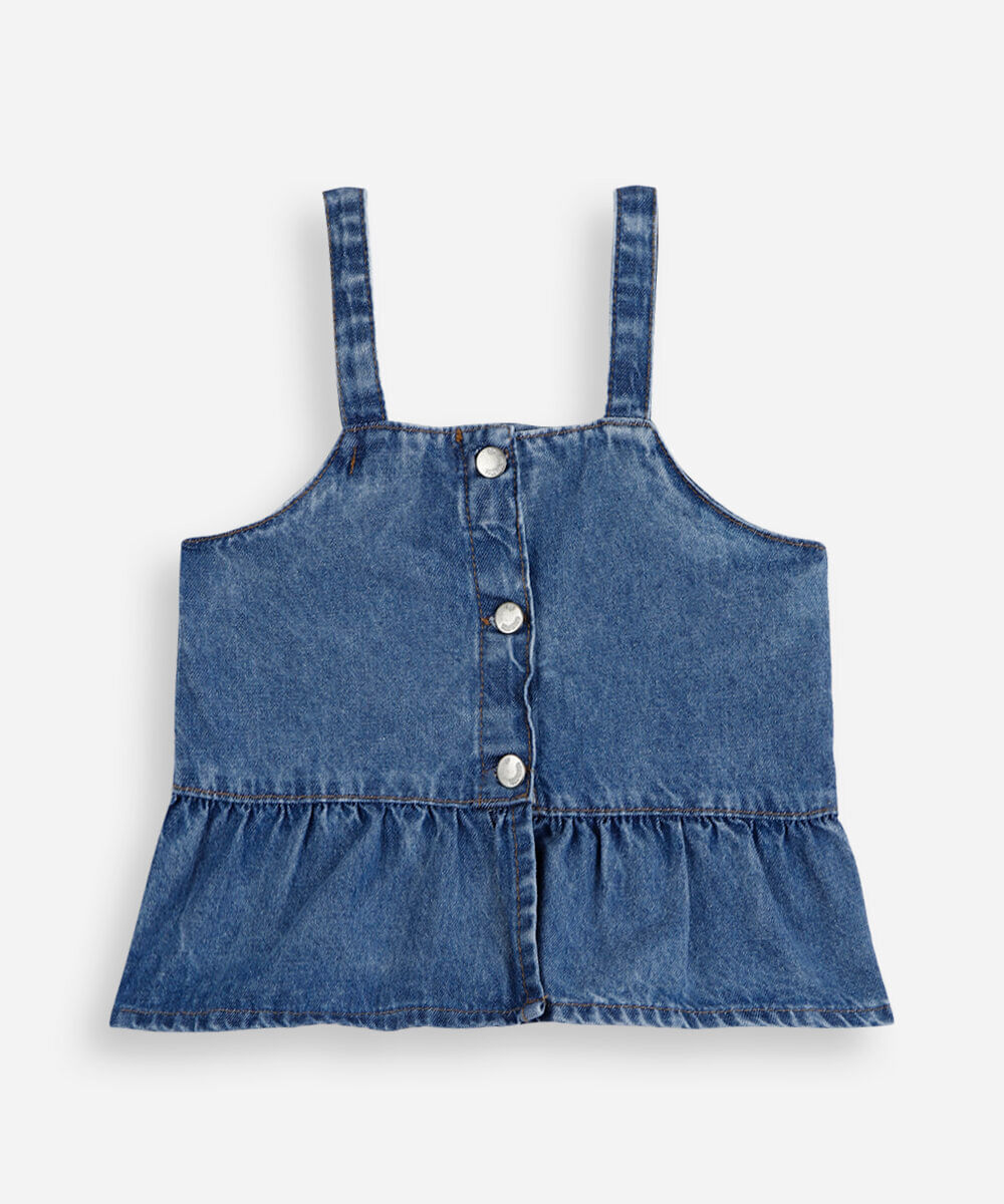 blusa infantil peplum jeans com bordado margarida azul