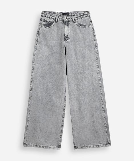 calça juvenil wide leg jeans com tachinha cinza