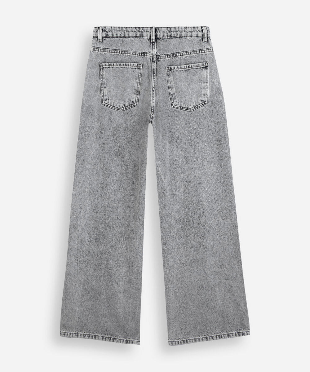 calça juvenil wide leg jeans com tachinha cinza
