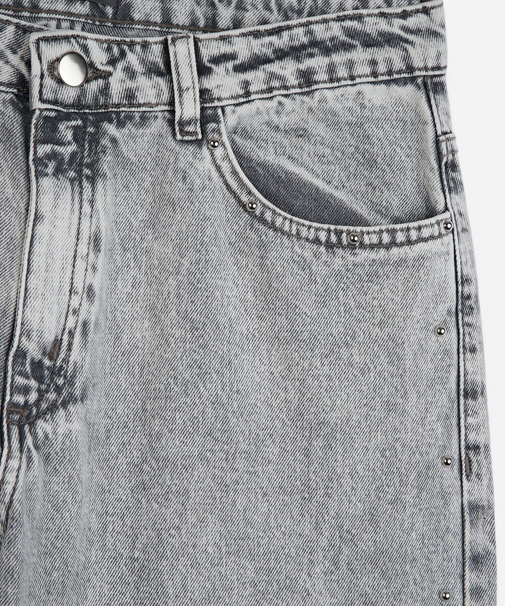 calça juvenil wide leg jeans com tachinha cinza