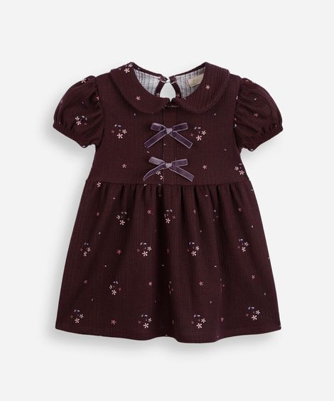 vestido infantil de algodão manga curta com laço floral vinho