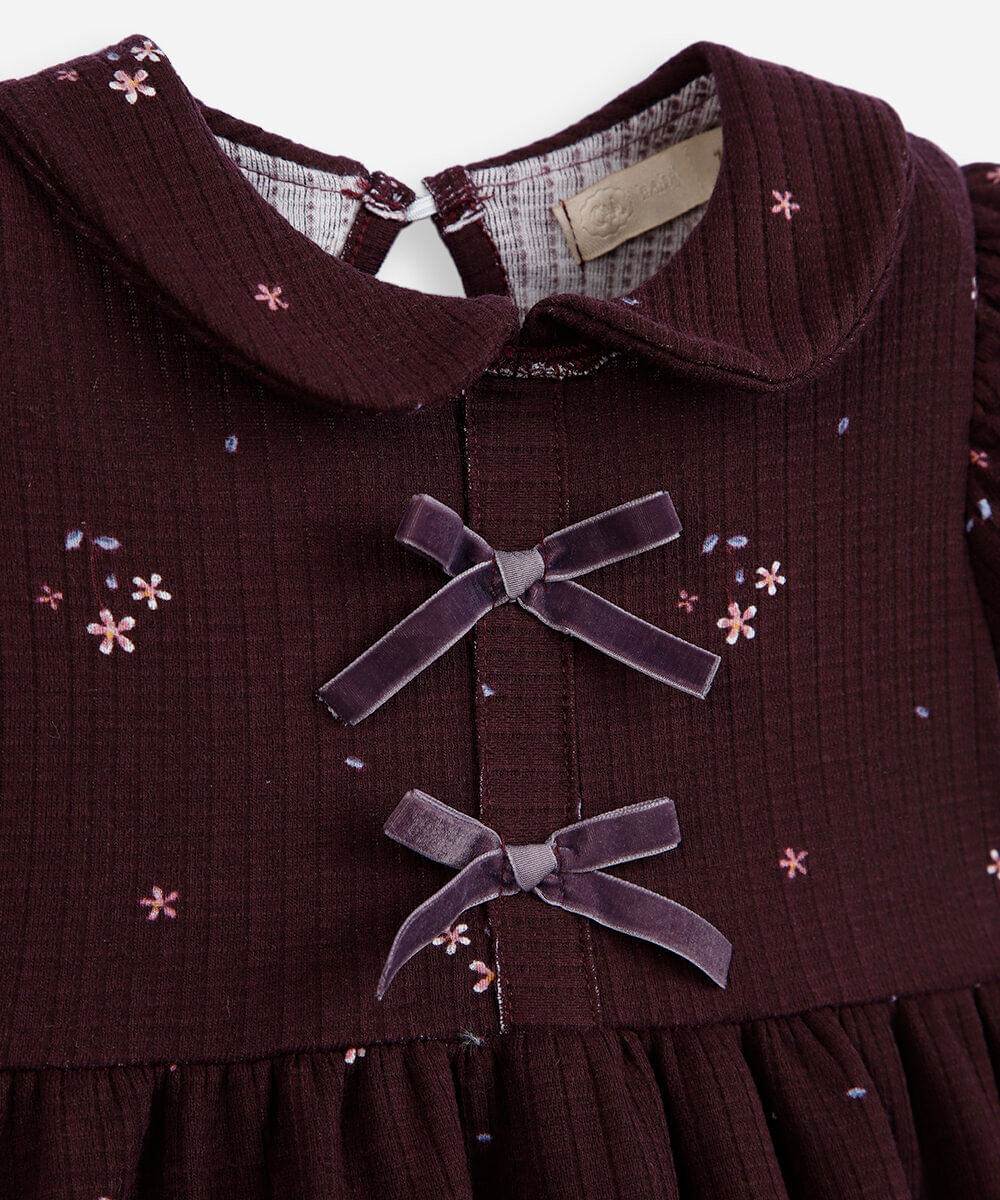vestido infantil de algodão manga curta com laço floral vinho