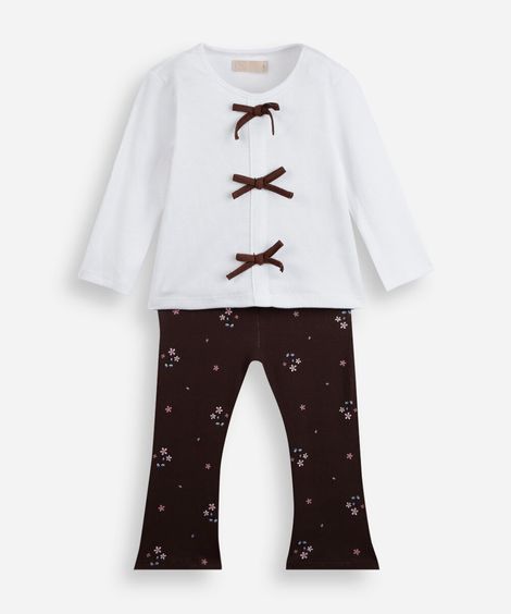 conjunto longo infantil com laços floral off white