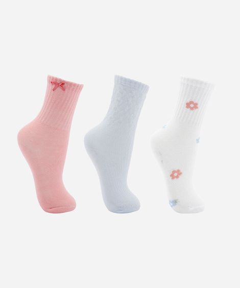 kit de 3 meias cano médio infantil floral colorido