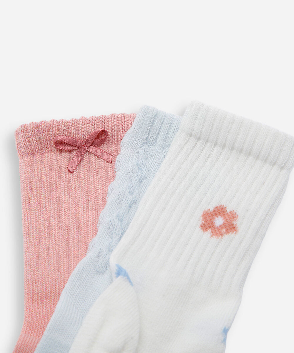 kit de 3 meias cano médio infantil floral colorido