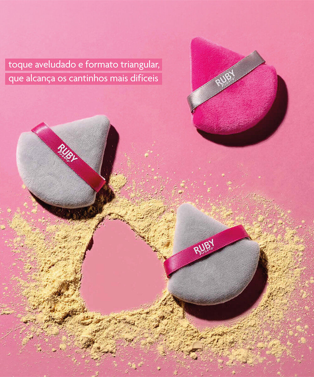 esponja puff ruby kisses para pó triangular cinza e rosa