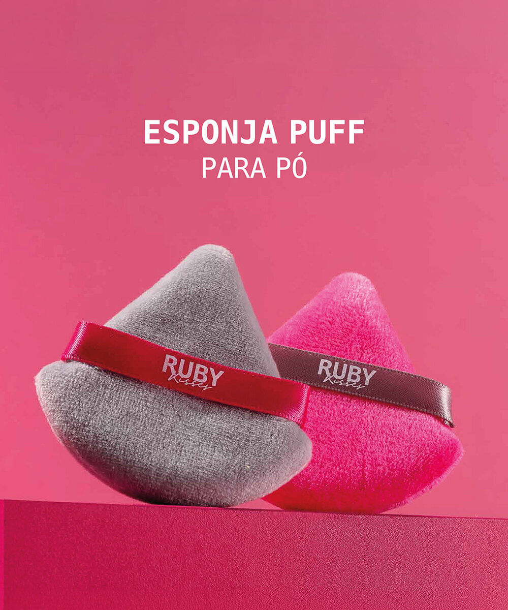 esponja puff ruby kisses para pó triangular cinza e rosa
