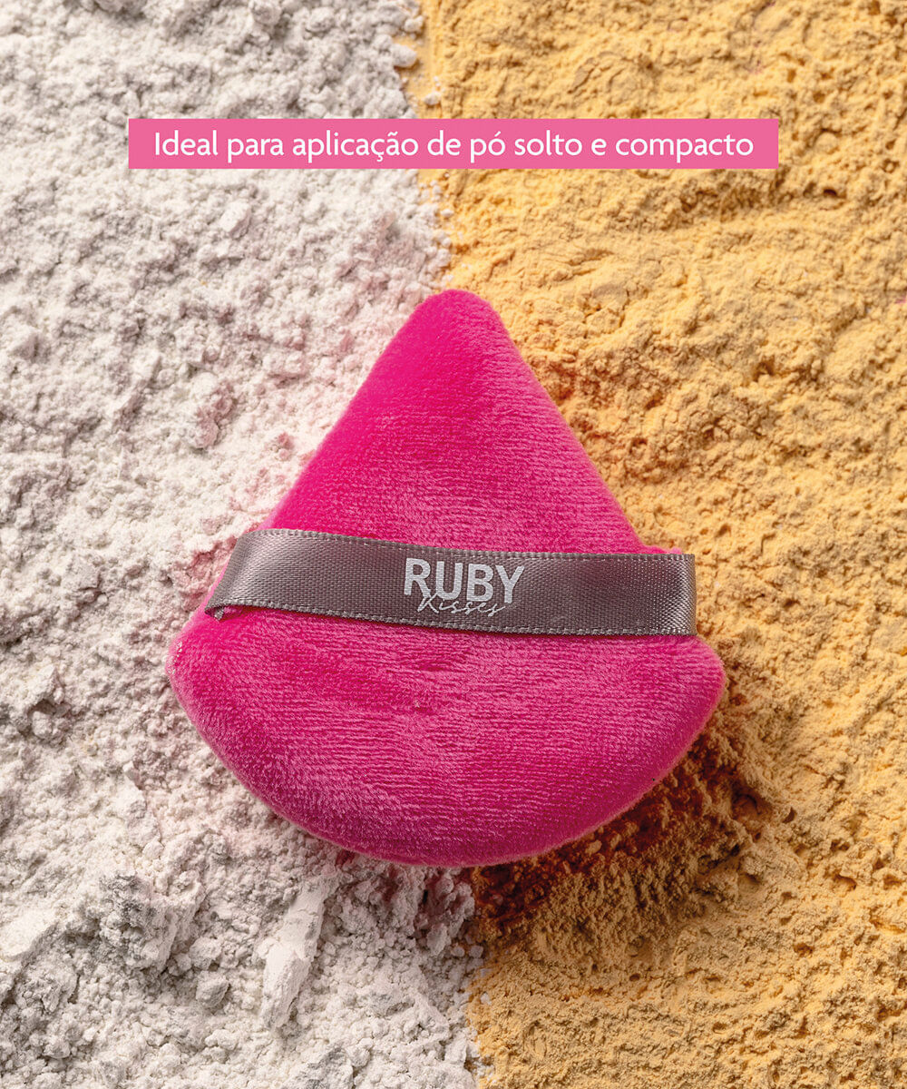 esponja puff ruby kisses para pó triangular rosa e cinza