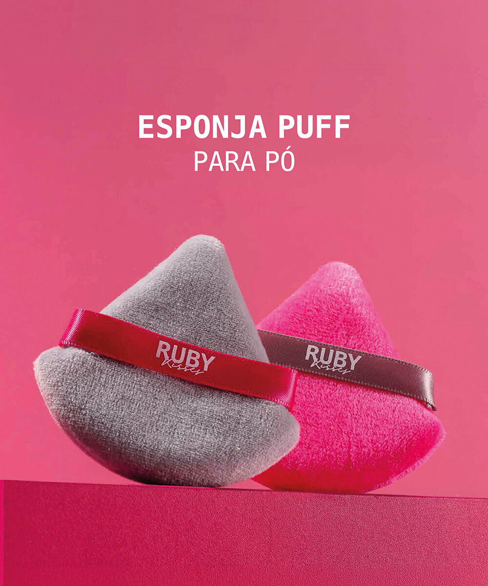 esponja puff ruby kisses para pó triangular rosa e cinza