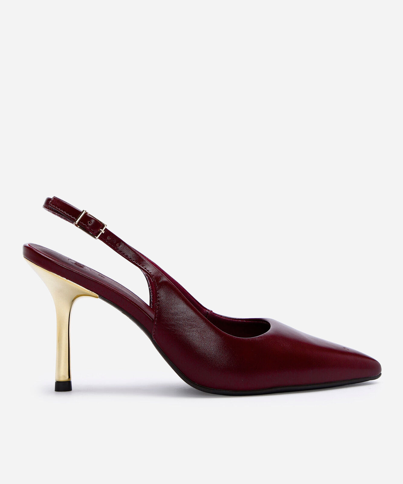 scarpin bico fino feminino salto fino com fivela vinho
