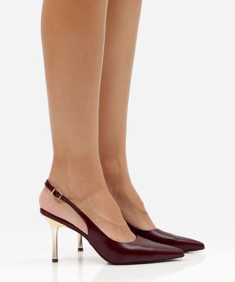 scarpin bico fino feminino salto fino com fivela vinho