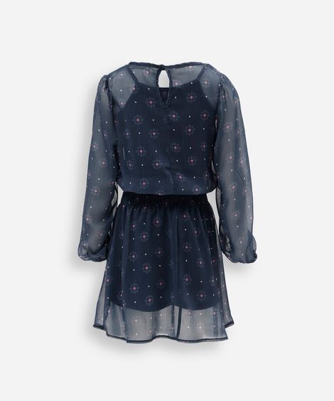 vestido infantil com lastex manga longa floral azul