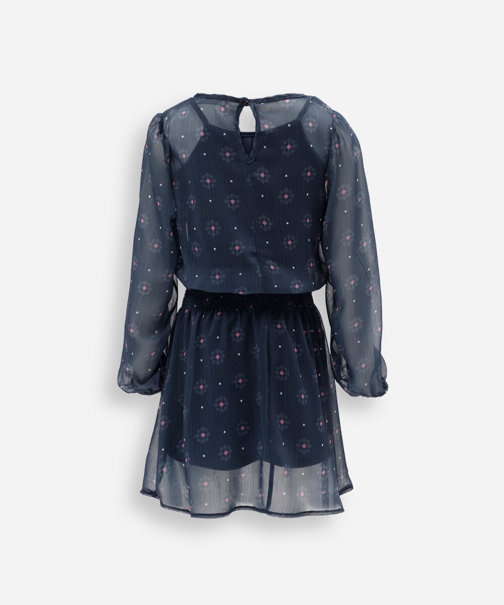 vestido infantil com lastex manga longa floral azul