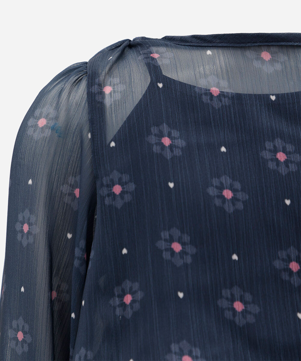 vestido infantil com lastex manga longa floral azul