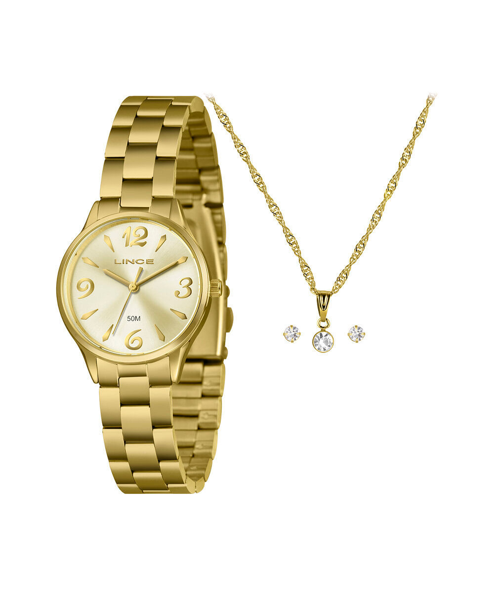 kit relógio feminino lince analógico lrgh007l30 kafkc2kx dourado