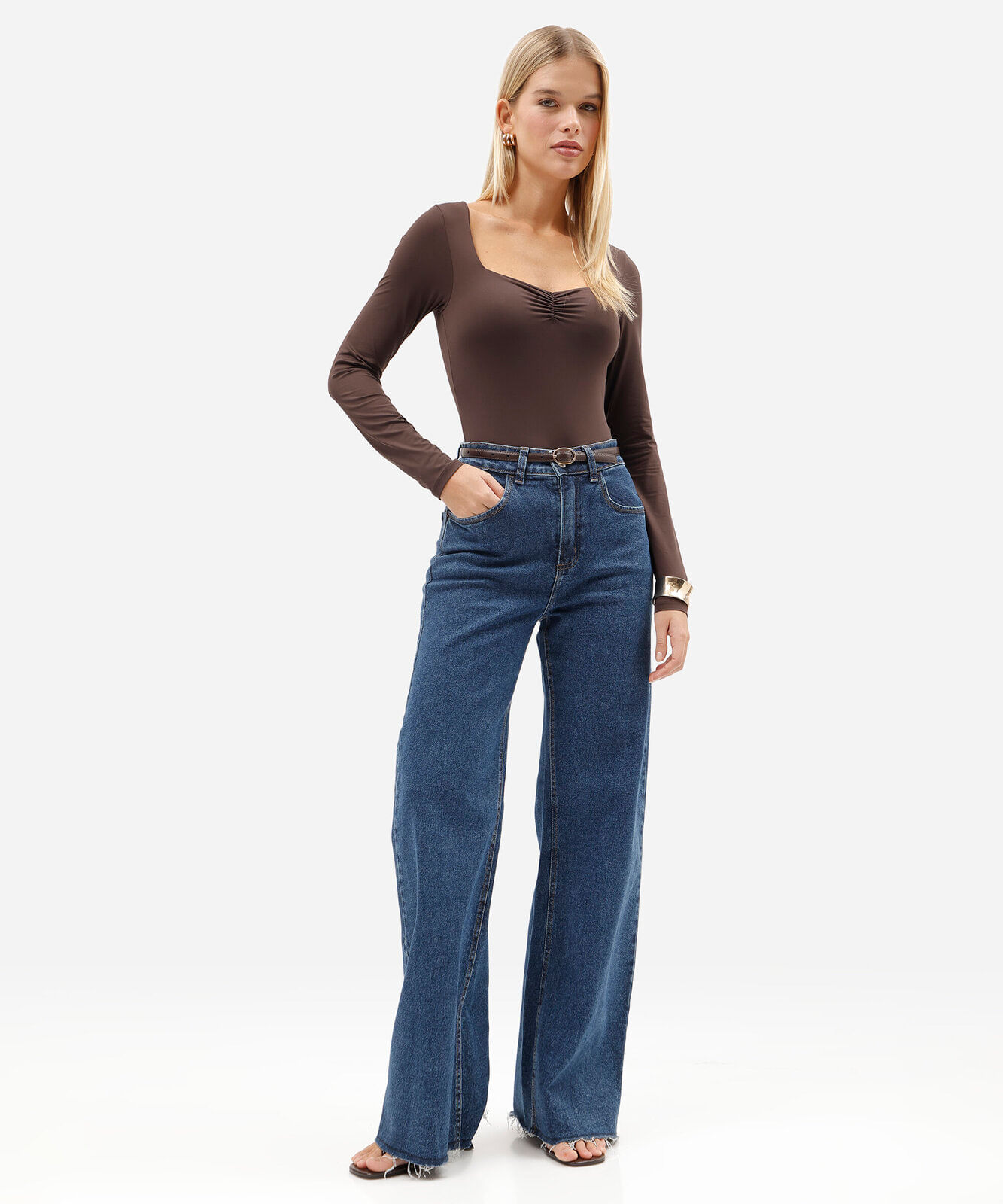 body feminino de poliamida manga longa com franzido marrom