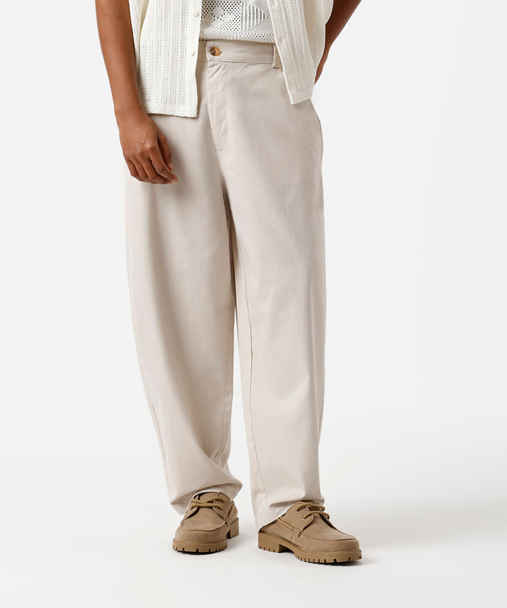 calça barrel chino masculina de sarja bege