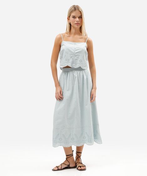 saia feminina midi de laise com barrado azul