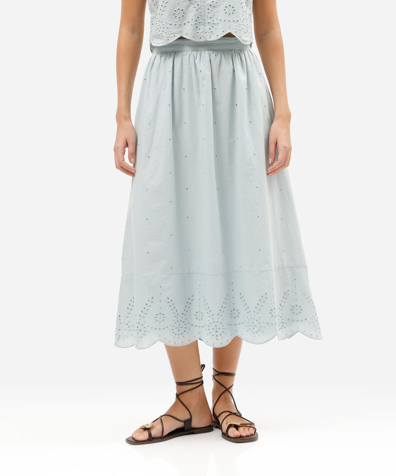 saia feminina midi de laise com barrado azul
