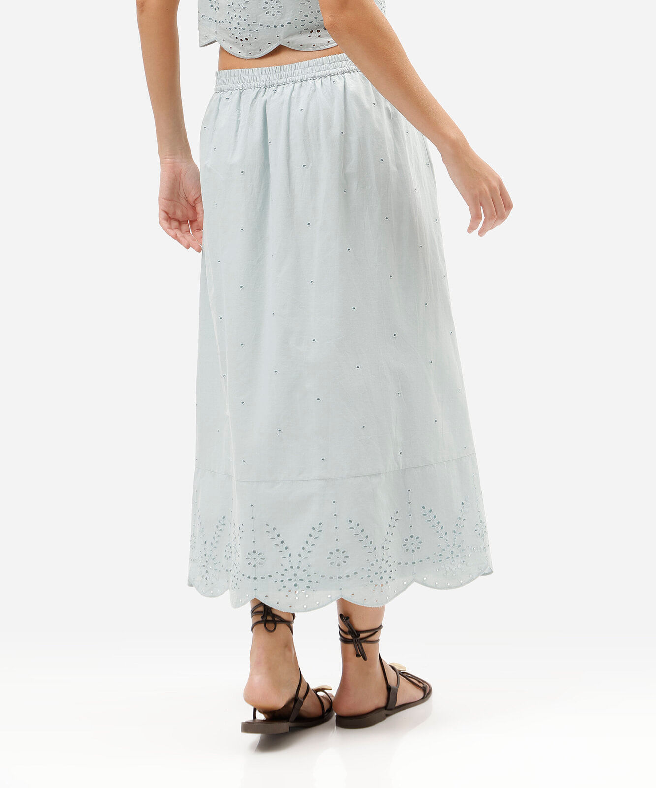 saia feminina midi de laise com barrado azul