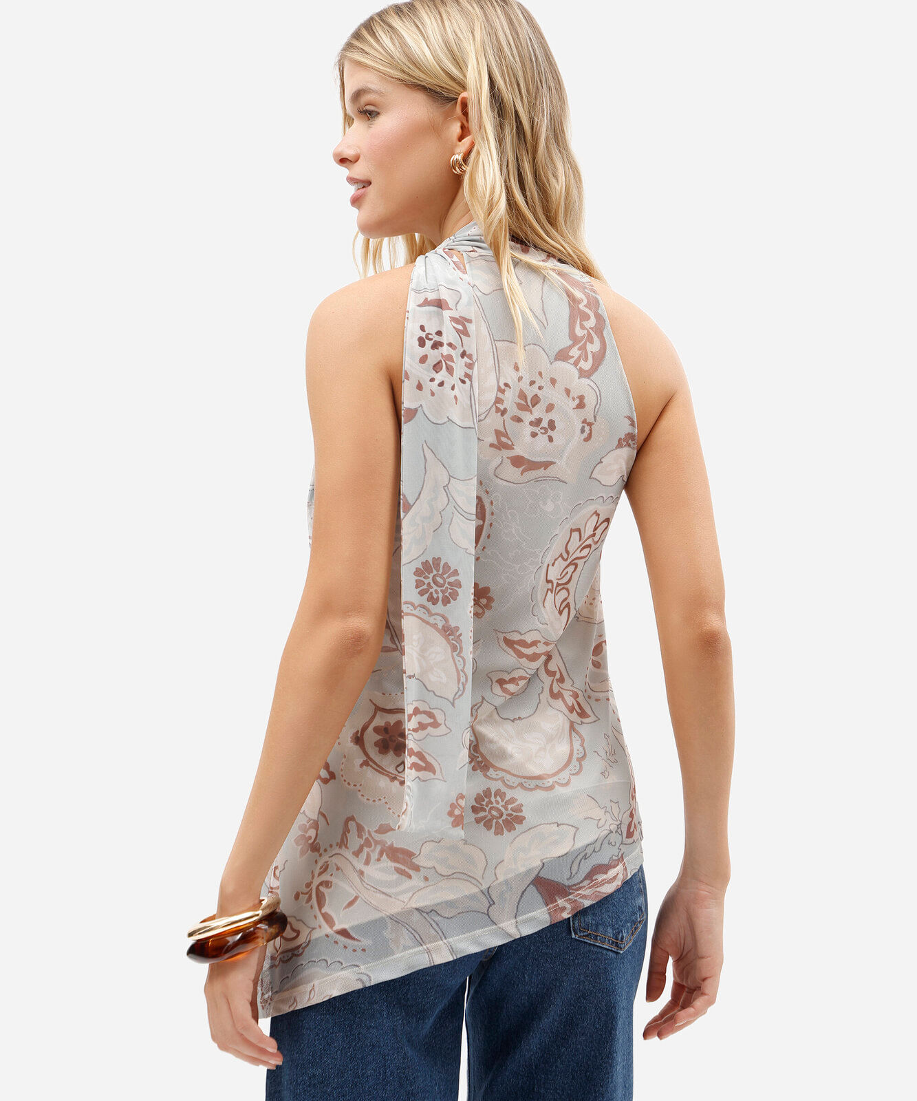blusa feminina de tule gola alta com amarração assimétrica paisley azul