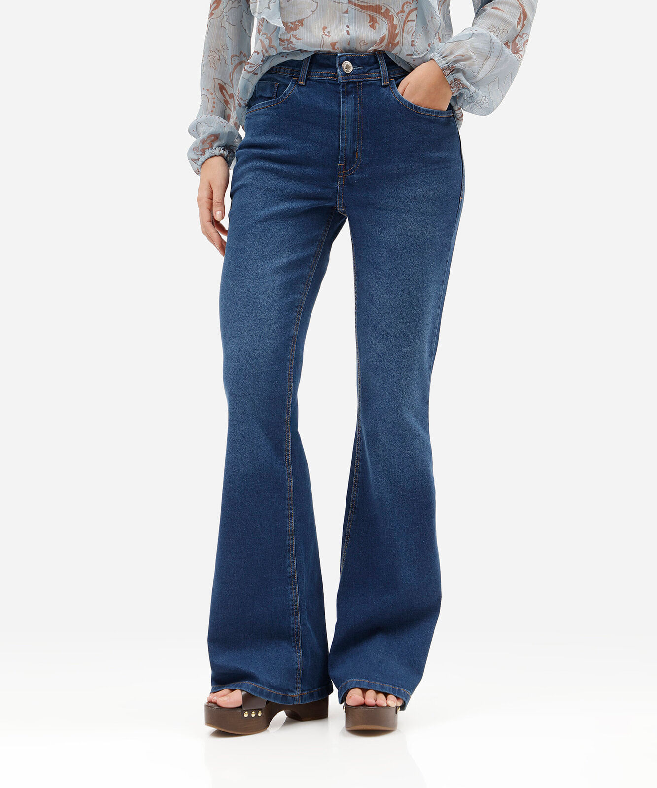 calça flare feminina jeans cintura média azul
