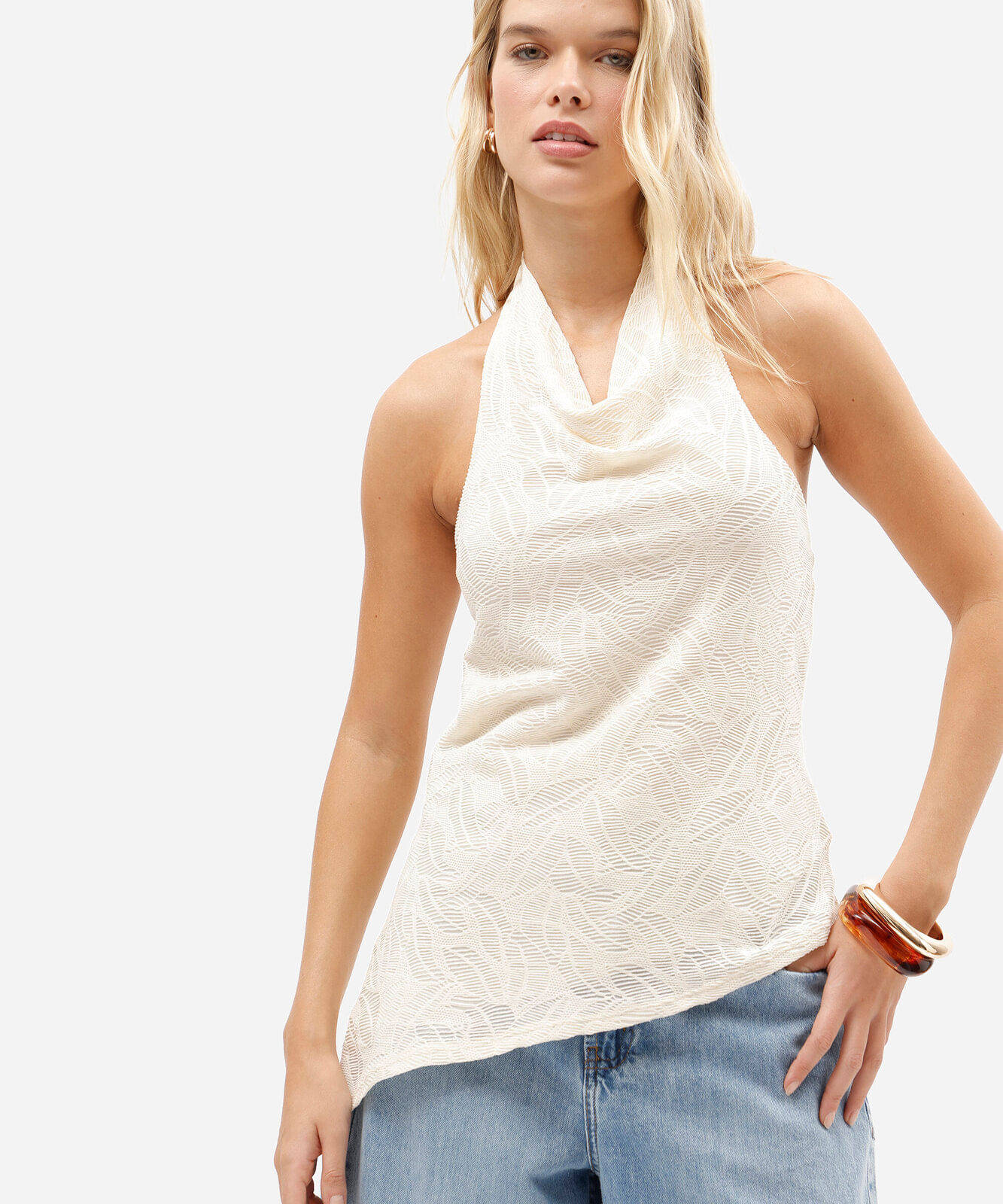 blusa frente única feminina assimétrica texturizada off white