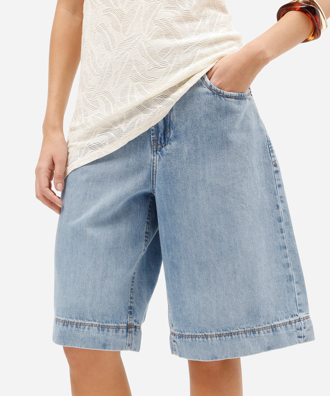 bermuda jorts feminina jeans cintura média azul