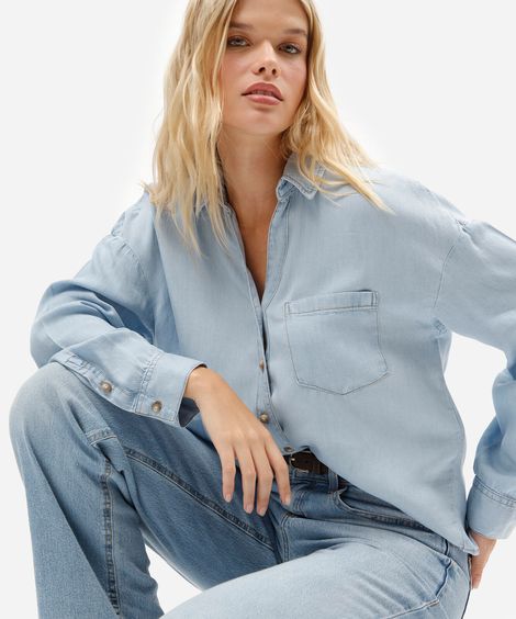 camisa box feminina jeans manga longa azul