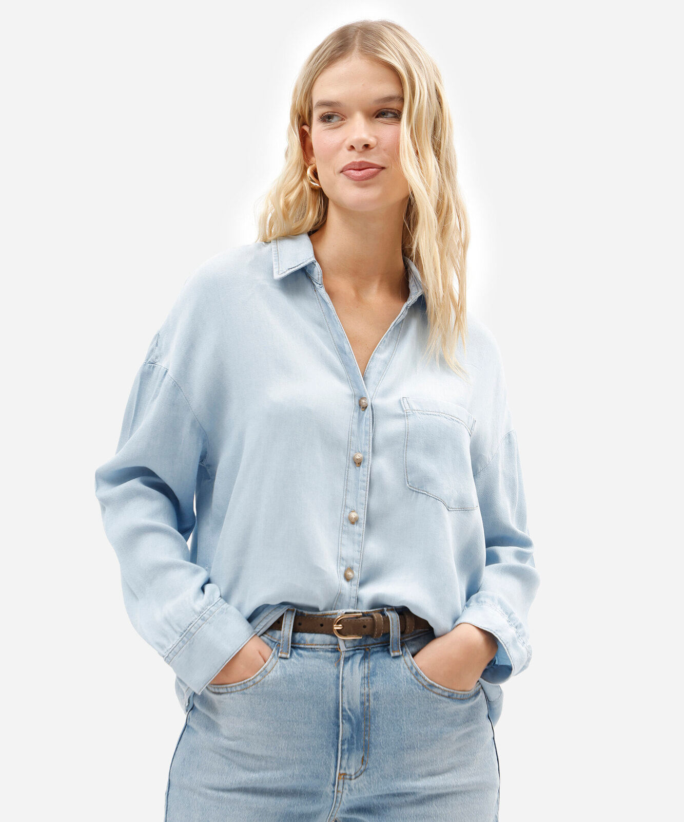 camisa box feminina jeans manga longa azul