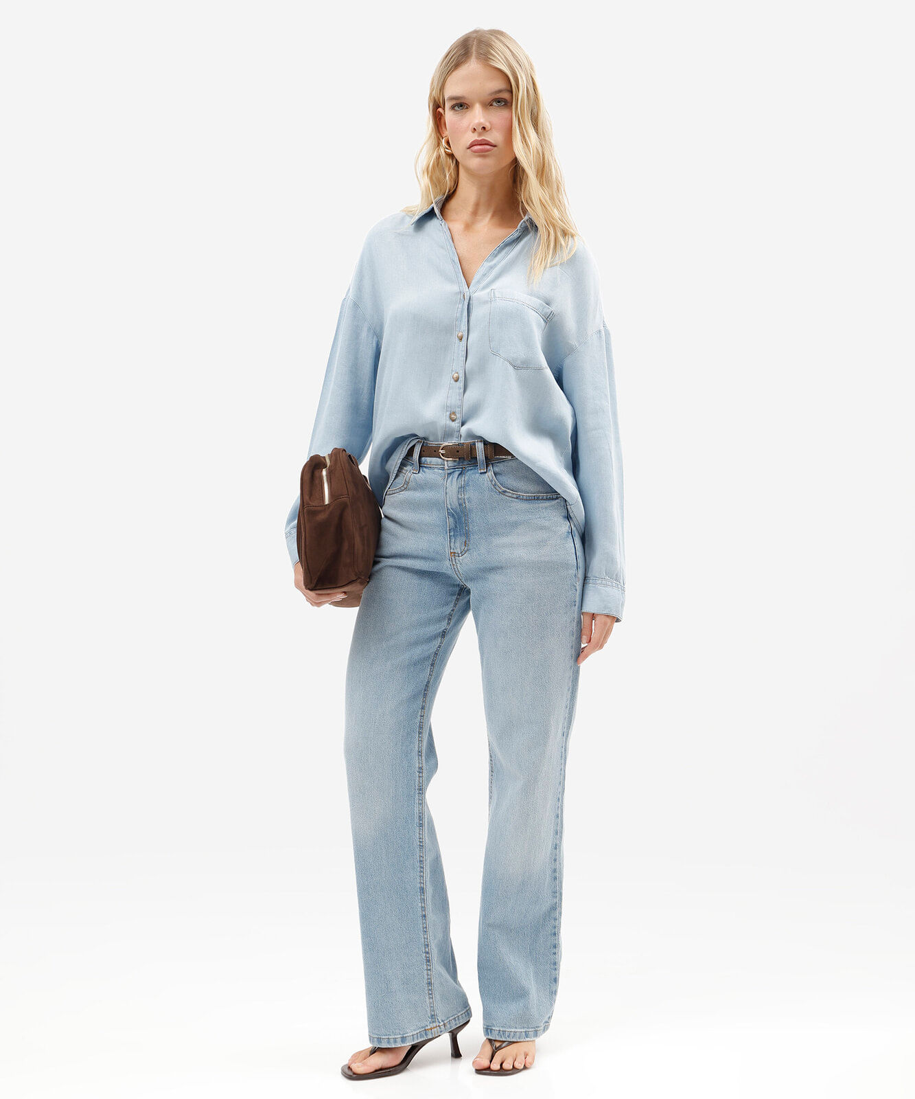 camisa box feminina jeans manga longa azul