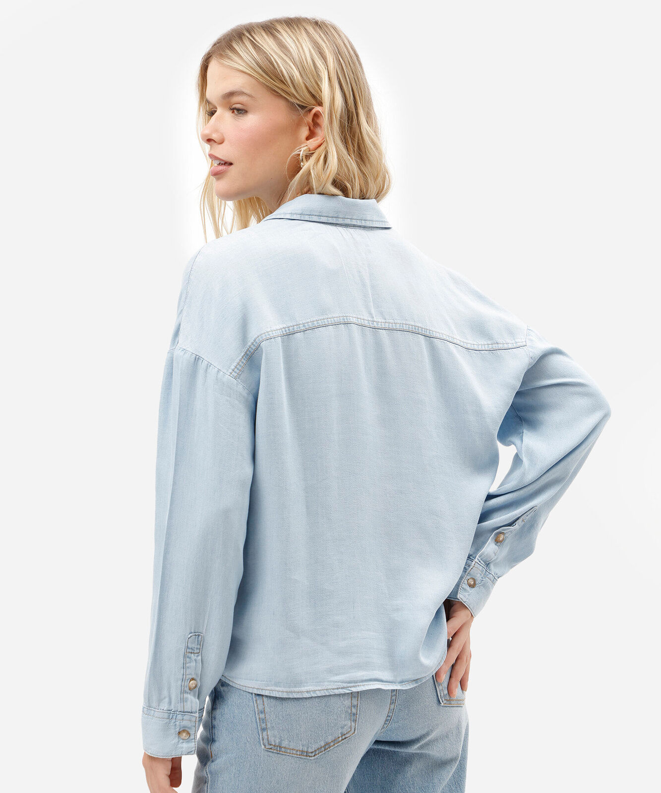 camisa box feminina jeans manga longa azul