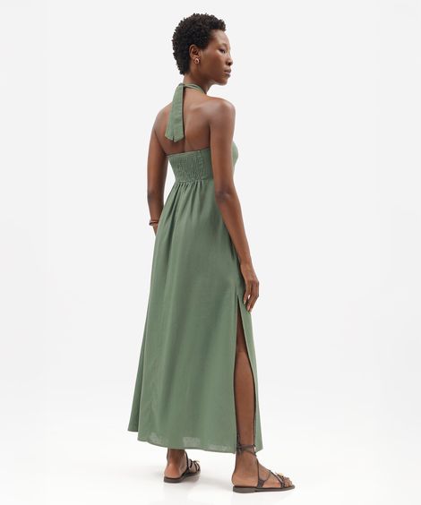 vestido longo feminino com linho e fendas halterneck verde