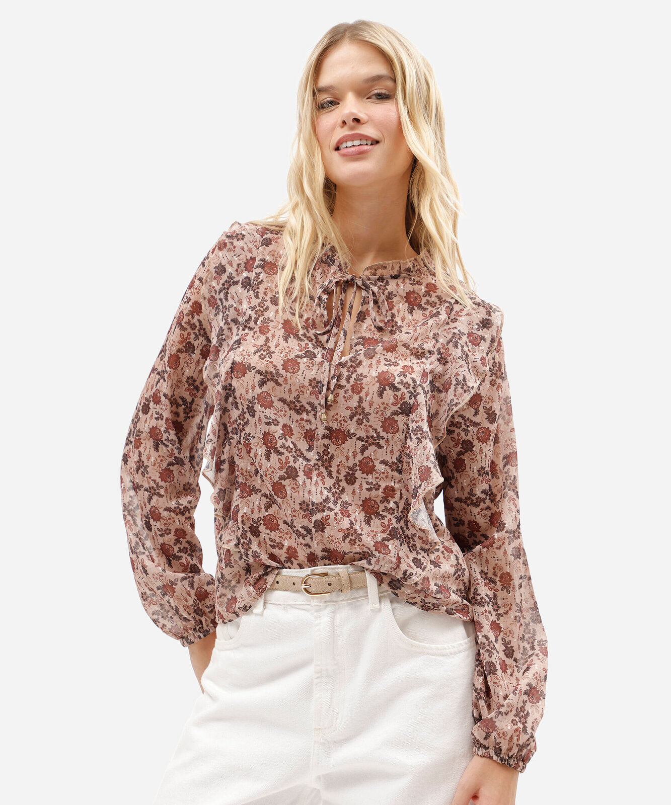 bata feminina manga longa com babados floral bege