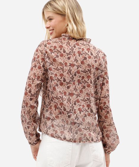 bata feminina manga longa com babados floral bege