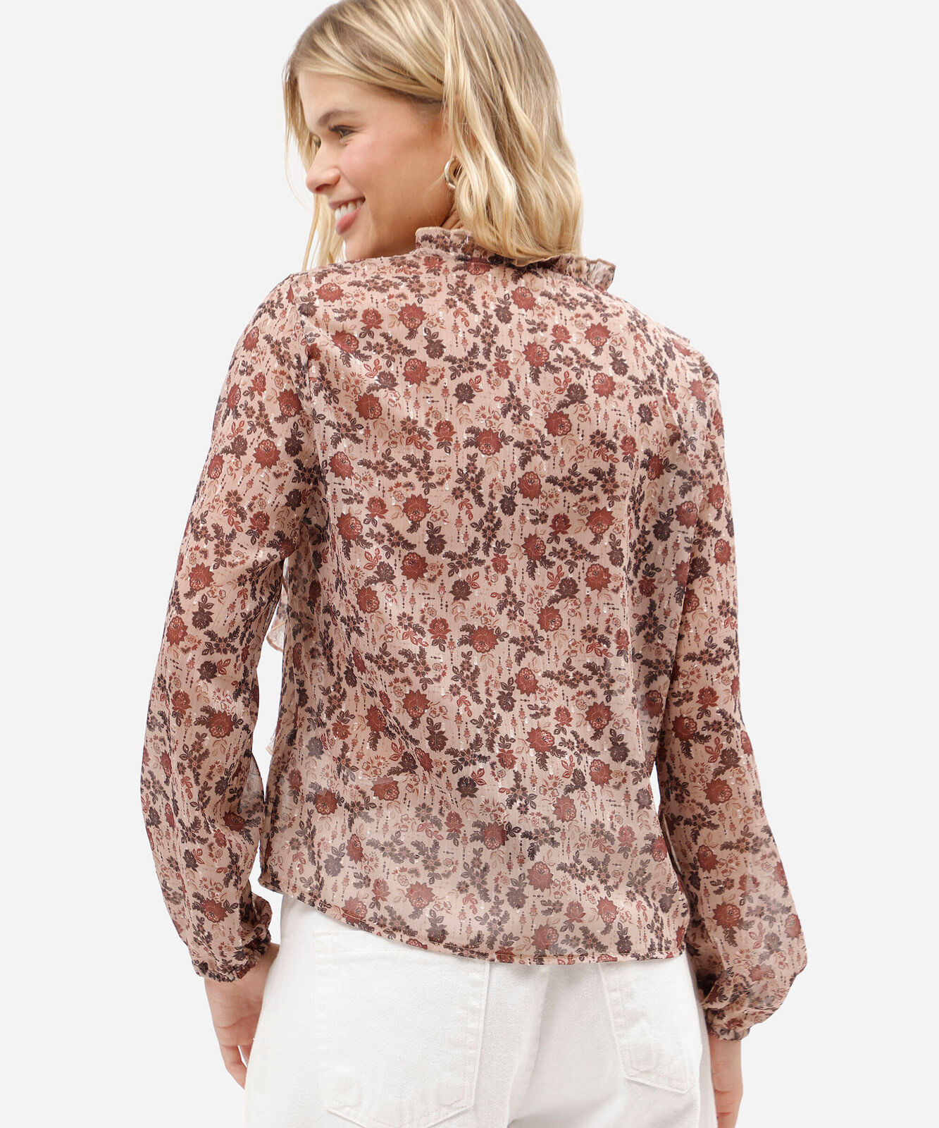 bata feminina manga longa com babados floral bege