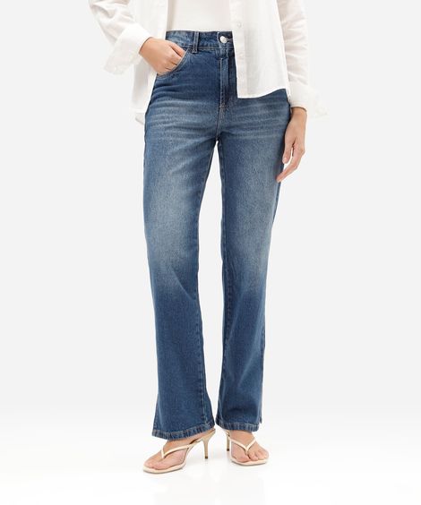 calça reta feminina jeans cintura alta com fendas azul