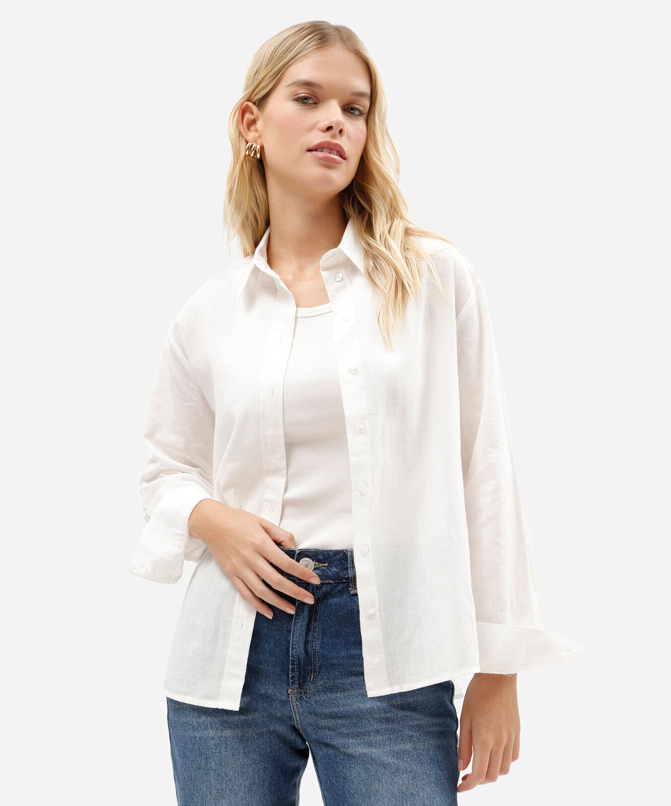 camisa feminina de algodão manga longa off white