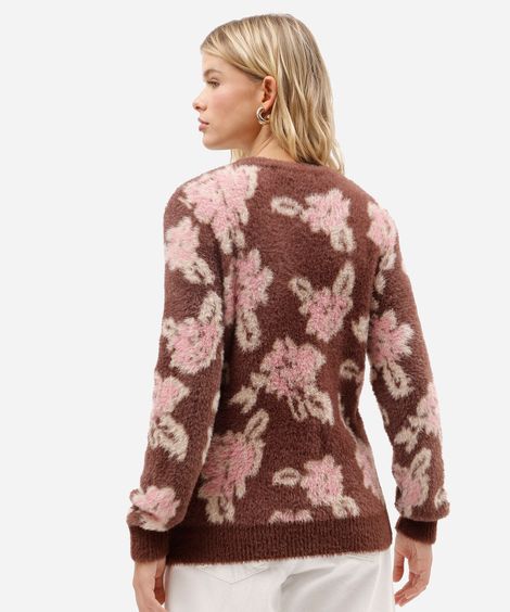 cardigan feminino de tricot floral texturizado marrom