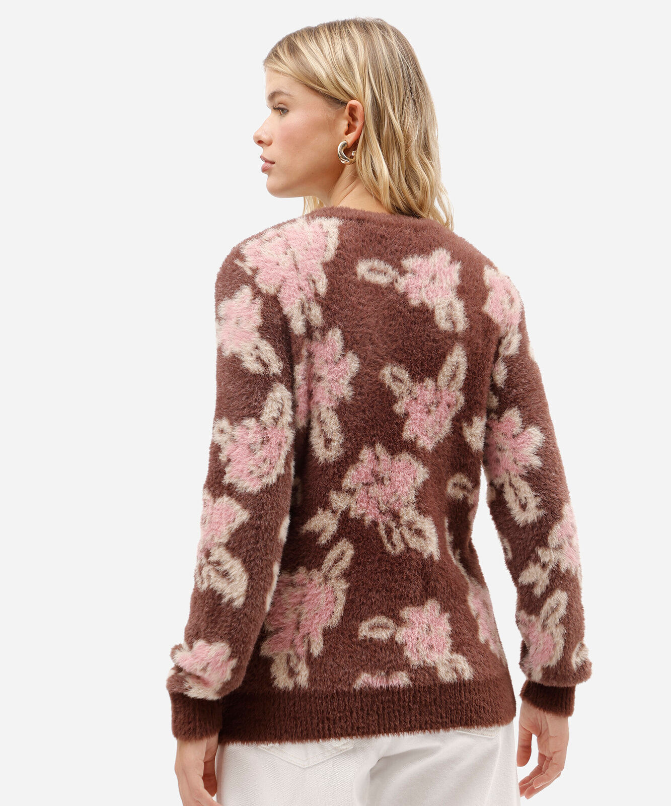cardigan feminino de tricot floral texturizado marrom