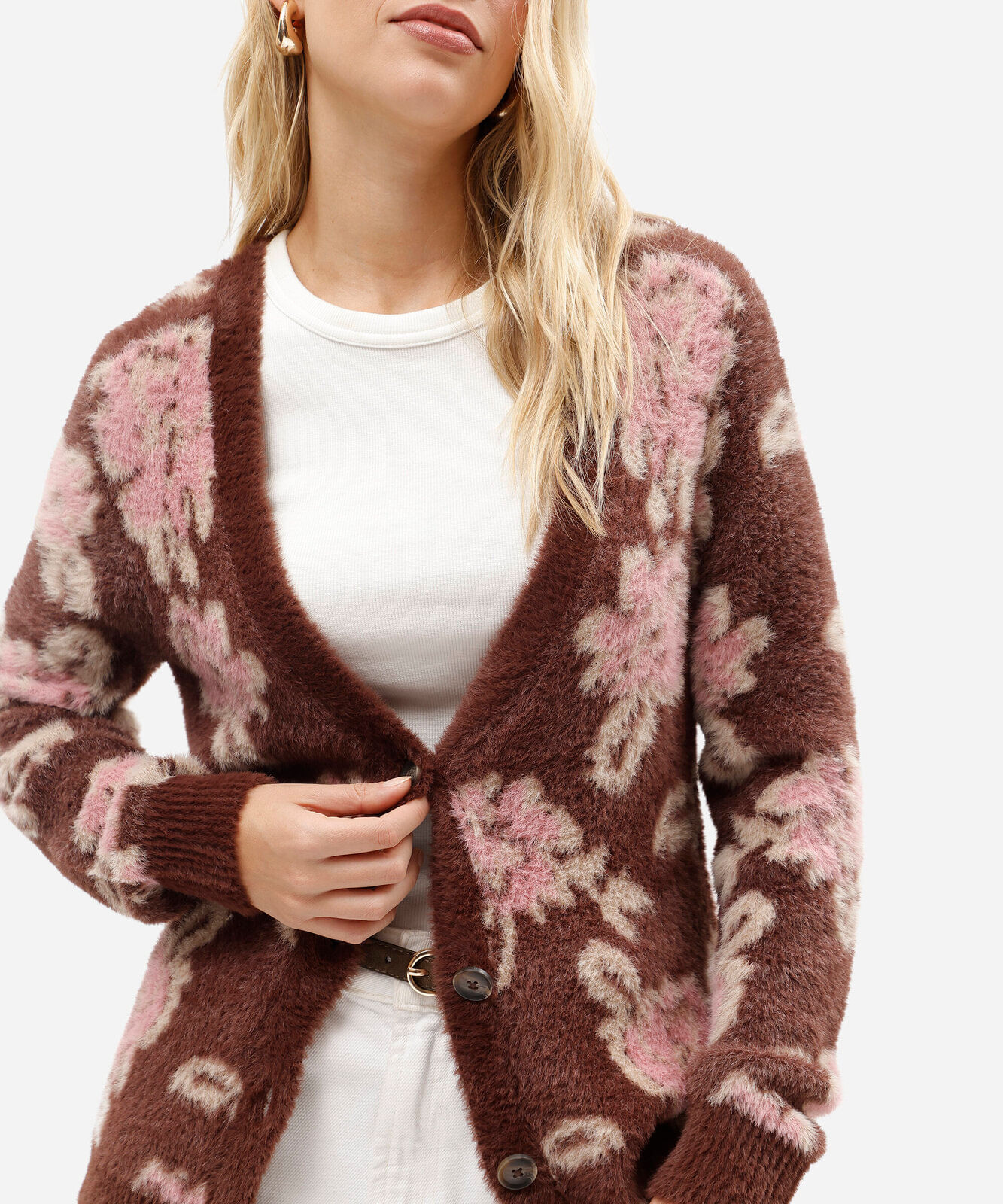 cardigan feminino de tricot floral texturizado marrom
