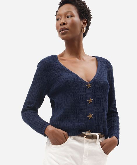 suéter feminino de tricot decote v com botões texturizado azul