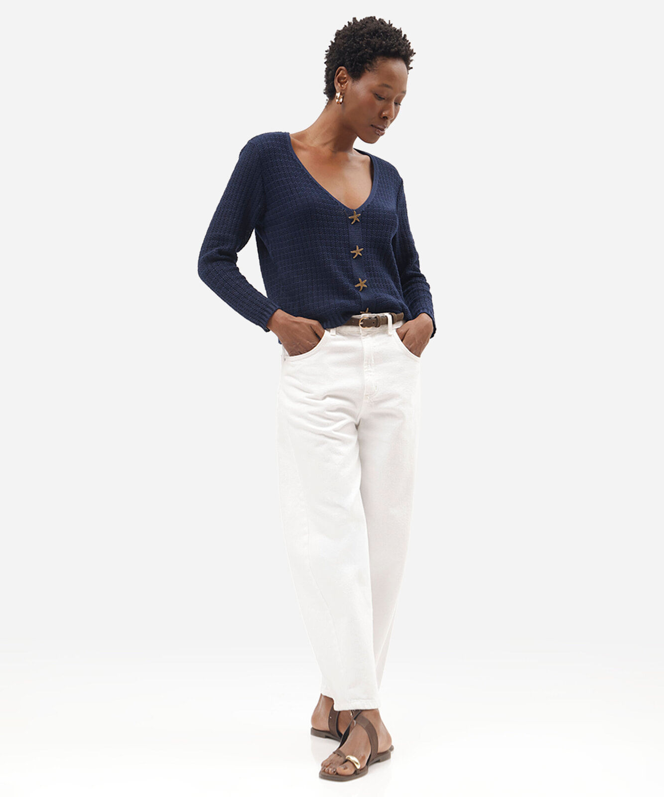 suéter feminino de tricot decote v com botões texturizado azul