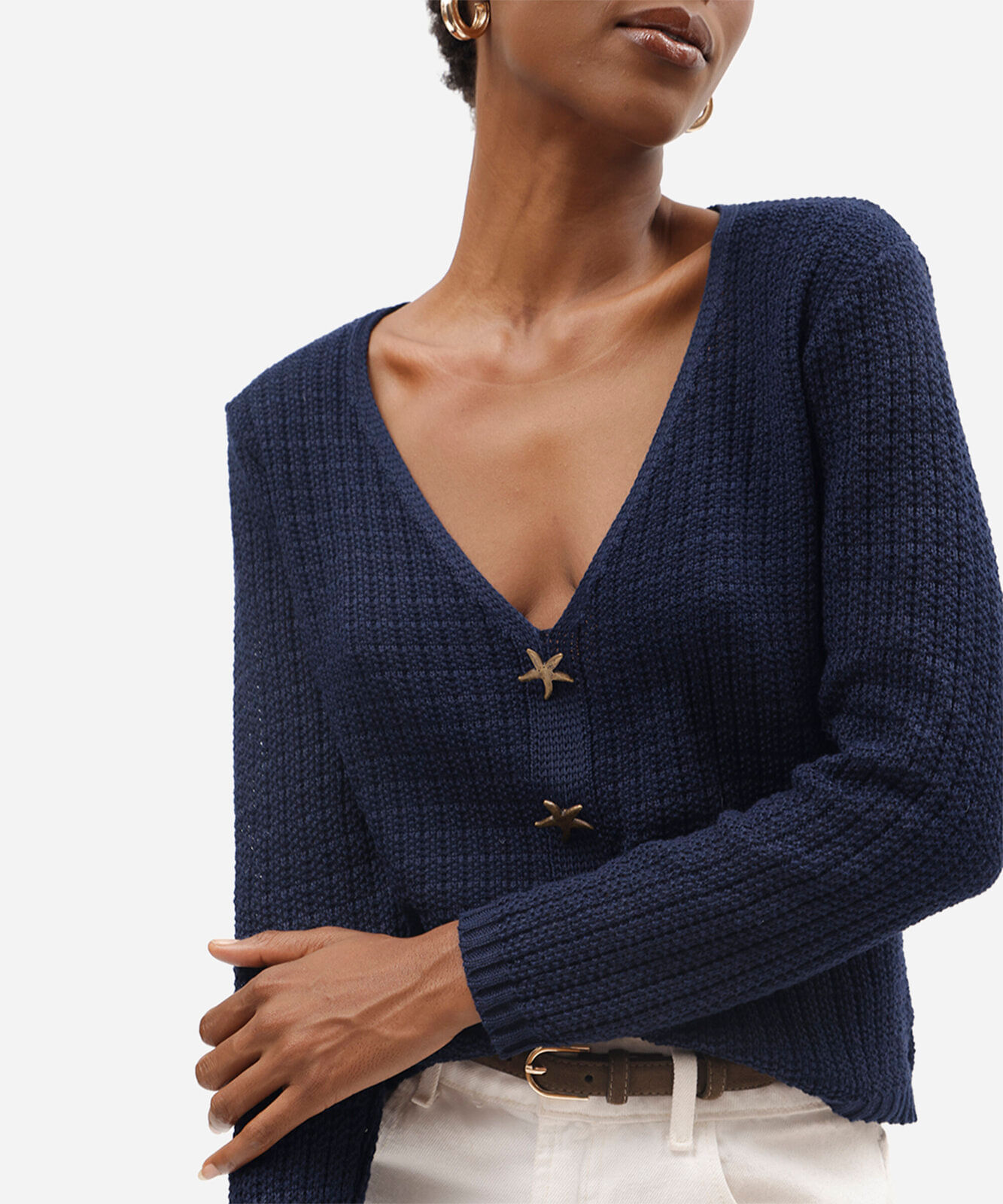 suéter feminino de tricot decote v com botões texturizado azul