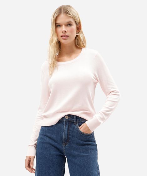 suéter de tricô básico decote redondo rosa