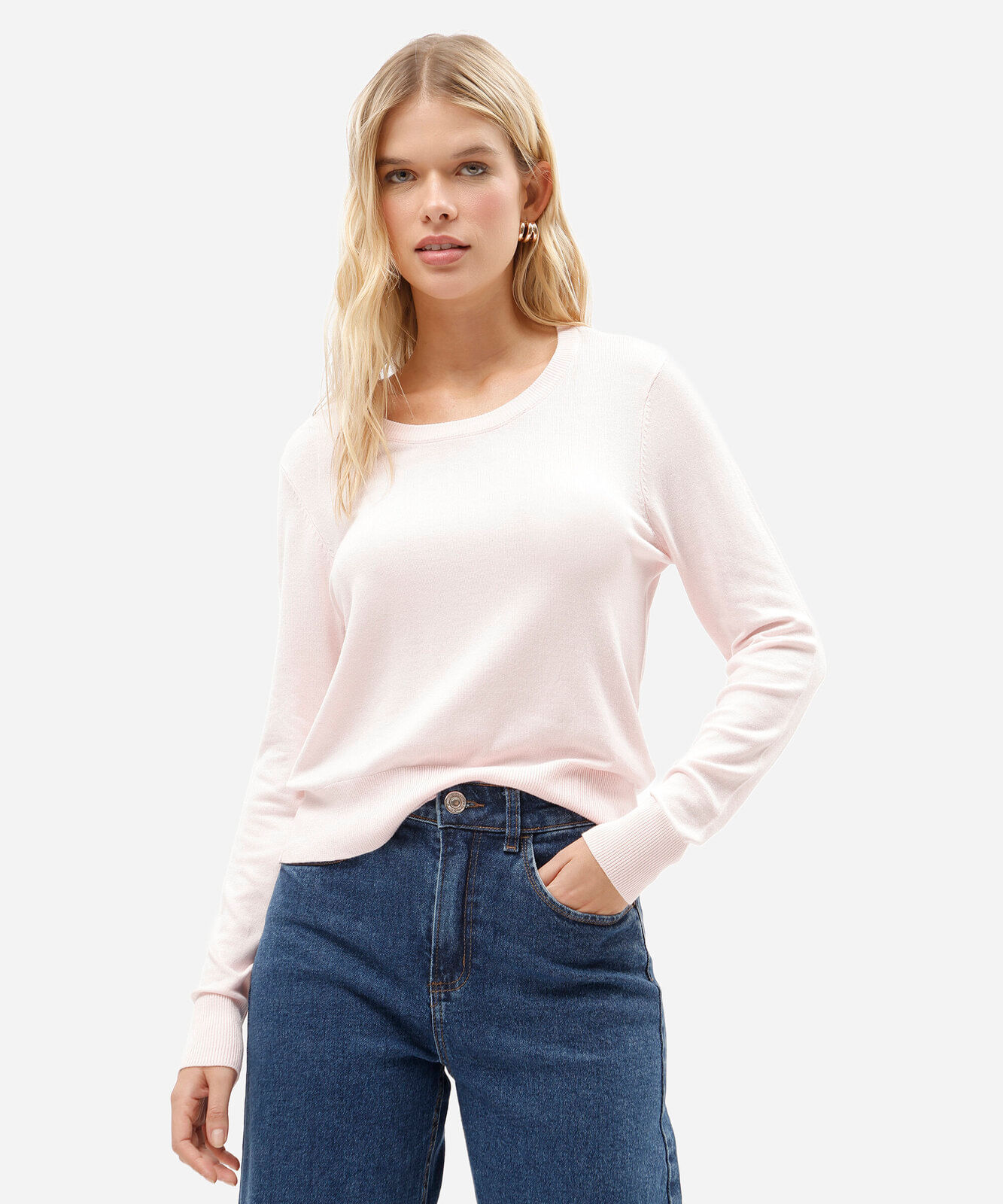suéter de tricô básico decote redondo rosa